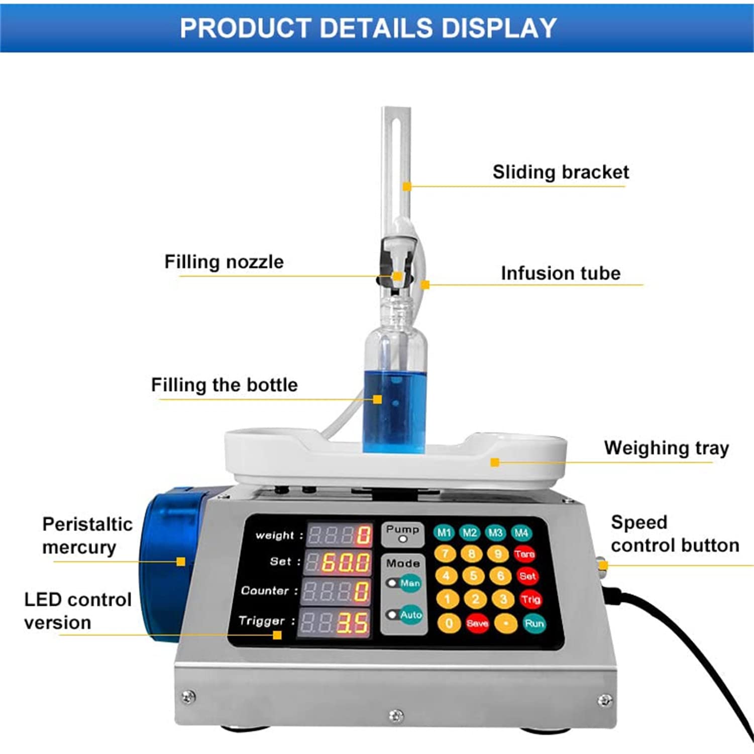 Riempitrice automatica per bottiglie liquide a pompa peristaltica, riempitrice di pesatura da 2-300 g per olio essenziale, liquido orale, soluzione, profumo