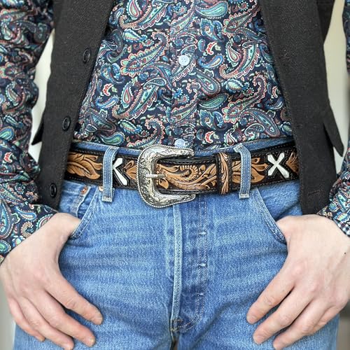 DANIEL'S ARTPLANET Western Belt for Men Full Grain Leather Handmade Tooled Cowboy Belt with Removable Buckle 1.5”3