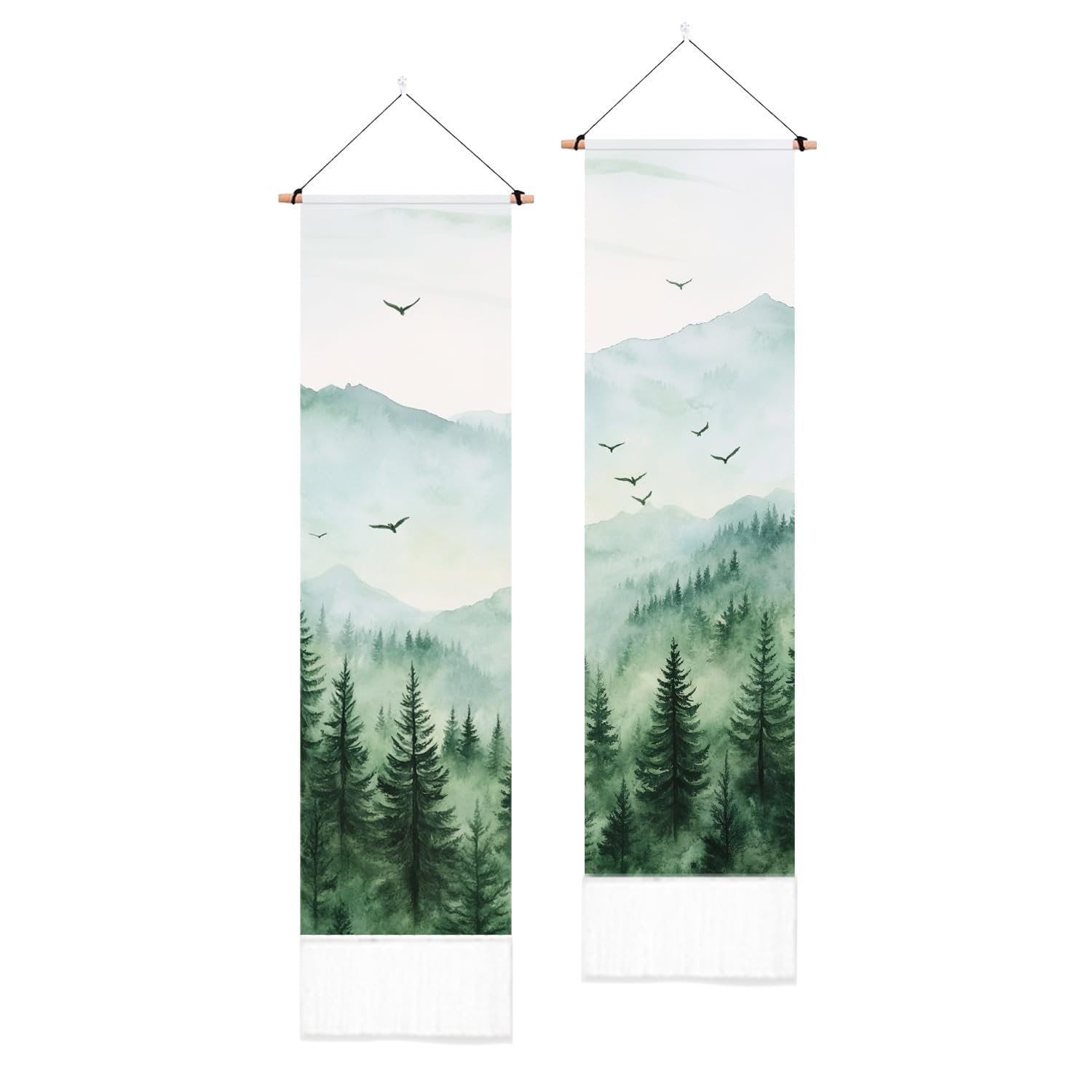 PLIGREAT 2 Pack Mountain Forest Tapestry Misty Foggy Forest Wall Hanging with Tassels Watercolor Tree Landscape Bird Aesthetic Wall Tapestry for Bedroom Bathroom Living Room Nature Scenery Tapestries