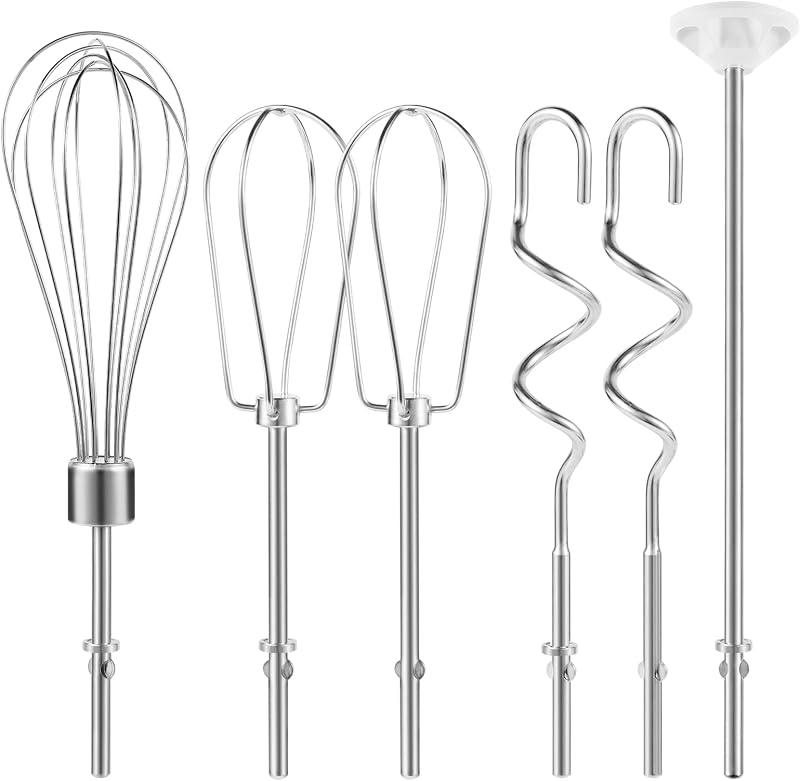 Hand Mixer Attachments Beater, Dough Hooks and Whisk, Blending Rod, Stainless Steel Hand Mixer Accessories Compatible with Kitchenaid Hand Mixers KHM3 KHM5 KHM7 KHM9, 6-piece set
