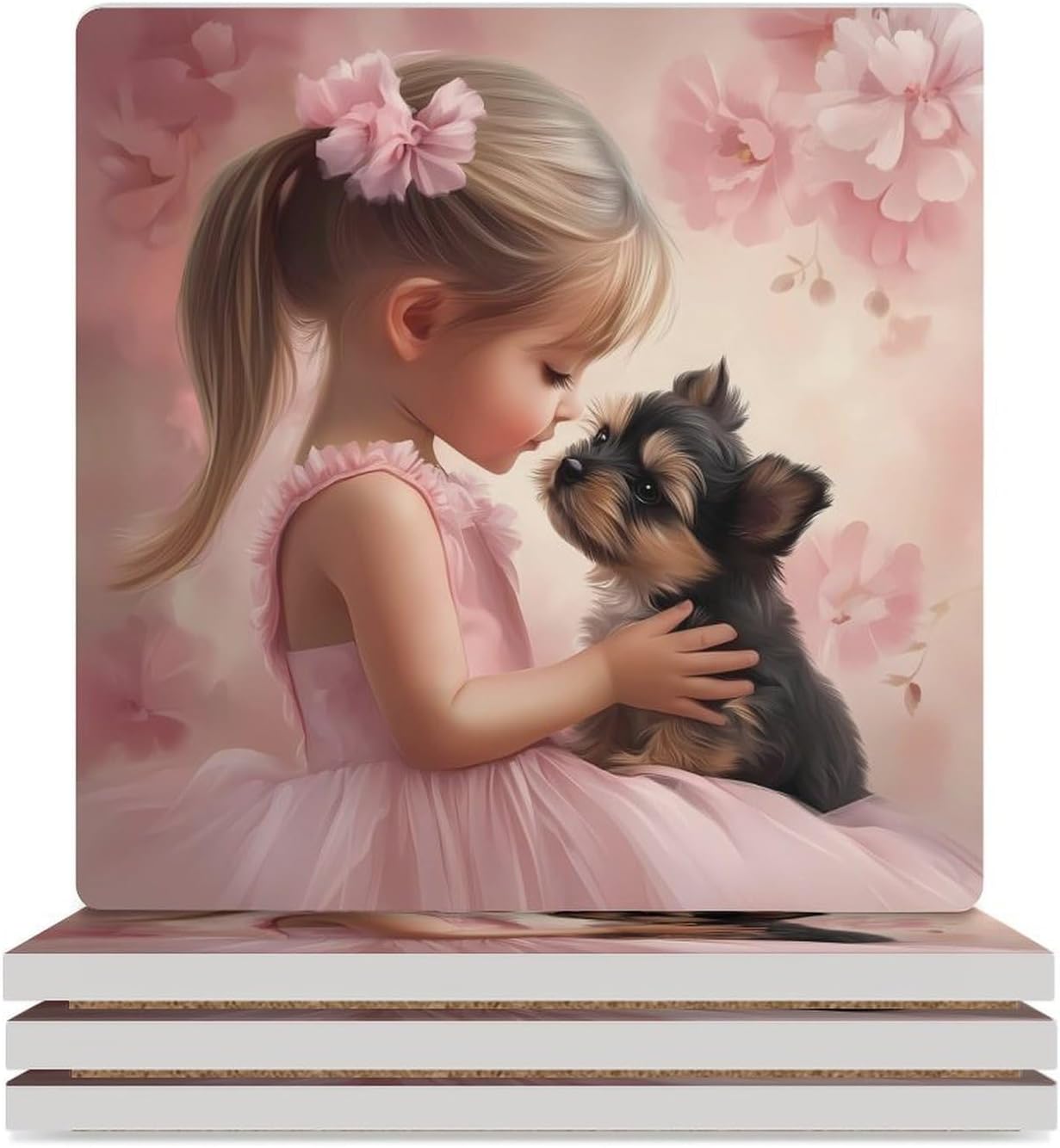 Best Friend Girl and Yorkie Ceramic Coasters Set Square Drink Coasters Table Coaster for Kitchen Desktop Decor