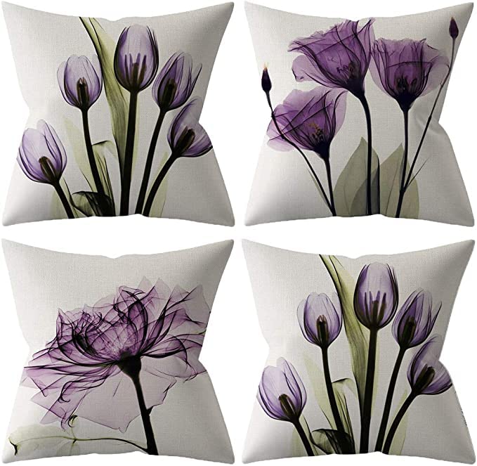 TIDWIACESet of 4 Decorative Purple Flowers Cushion Covers 40 x 40 cm, Square Art Deco Throw Pillow Cases for Outdoor Furniture Garden Bench Living Room Sofa Farmhouse Decor 16x16