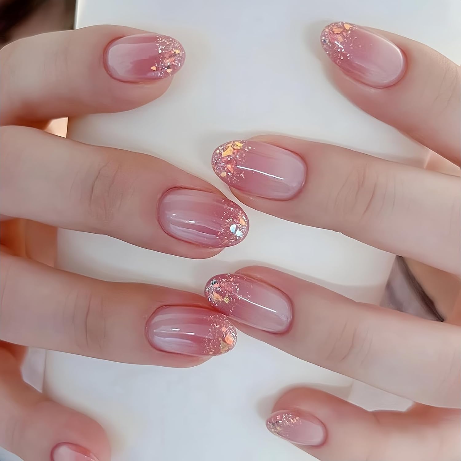 Pink Ombre Glitter Press-On Nails for Women – Glossy Nude Gradient Fake Nails, Short Almond Shape Stick-On Nails, Reusable Artificial Nail Extensions Kit-image-0