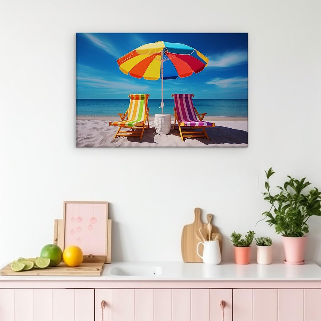 Canvas for Living room. Serene Seaside Escape: Sandy Shores Meets Tranquil Blue Waters, 27 x 18 inch Canvas Wall Art - Seascapes And Ocean - Modern Home Decor