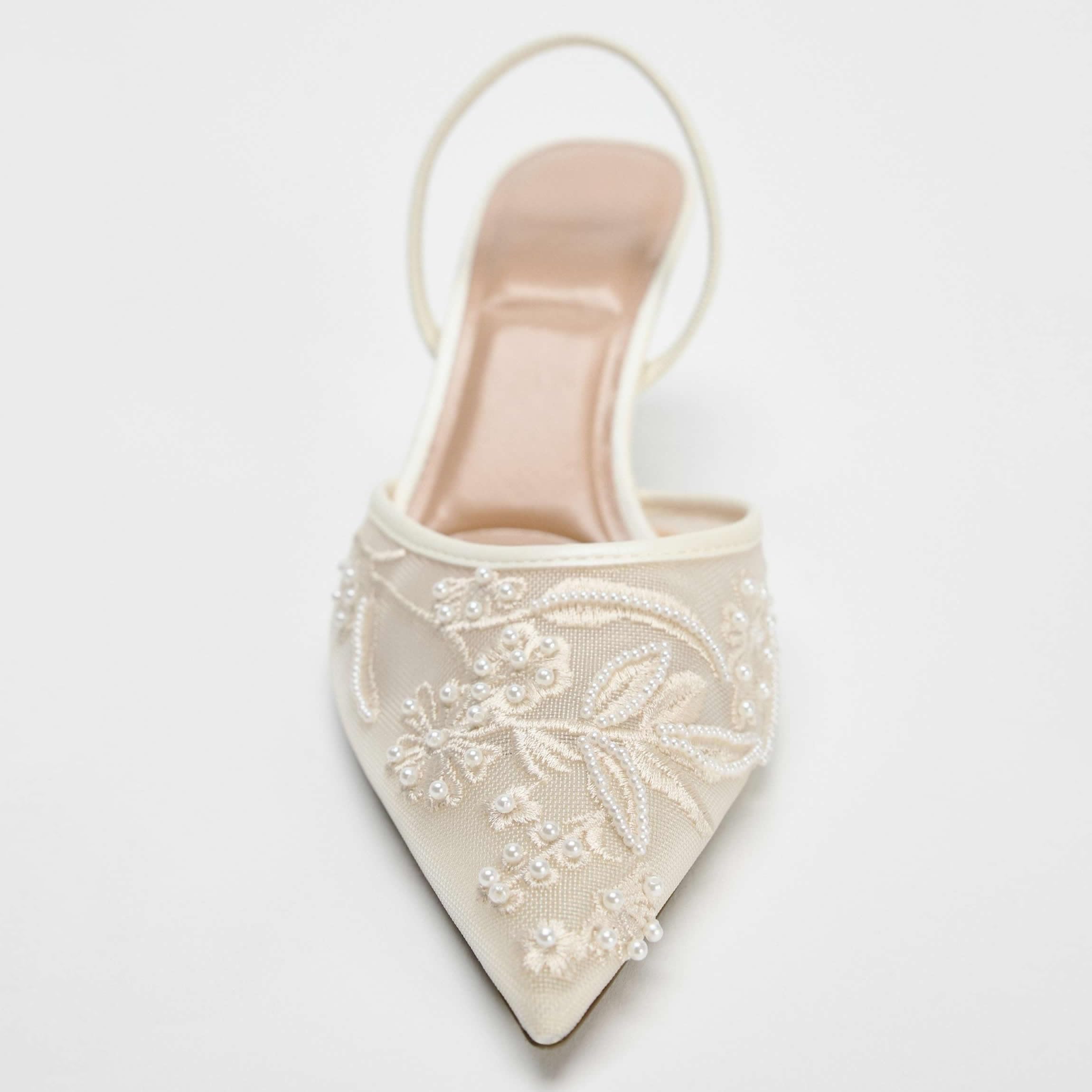 Scarpe col Tacco a Spillo con Cinturino Posteriore e Fiocco da Donna, Tacchi a Gattino con Punta affilata, Perline Ricamate in Rete, Scarpe da Sposa per Feste e Matrimoni,1 White,37 EU