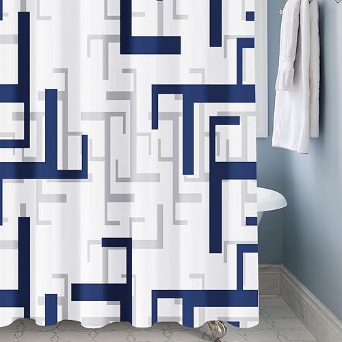 Miniatura 8 de Cortina de ducha moderna geométrica azul, cortinas de ducha para baño, juego de cortinas de ducha impermeables de tela texturizada con 12 ganchos,