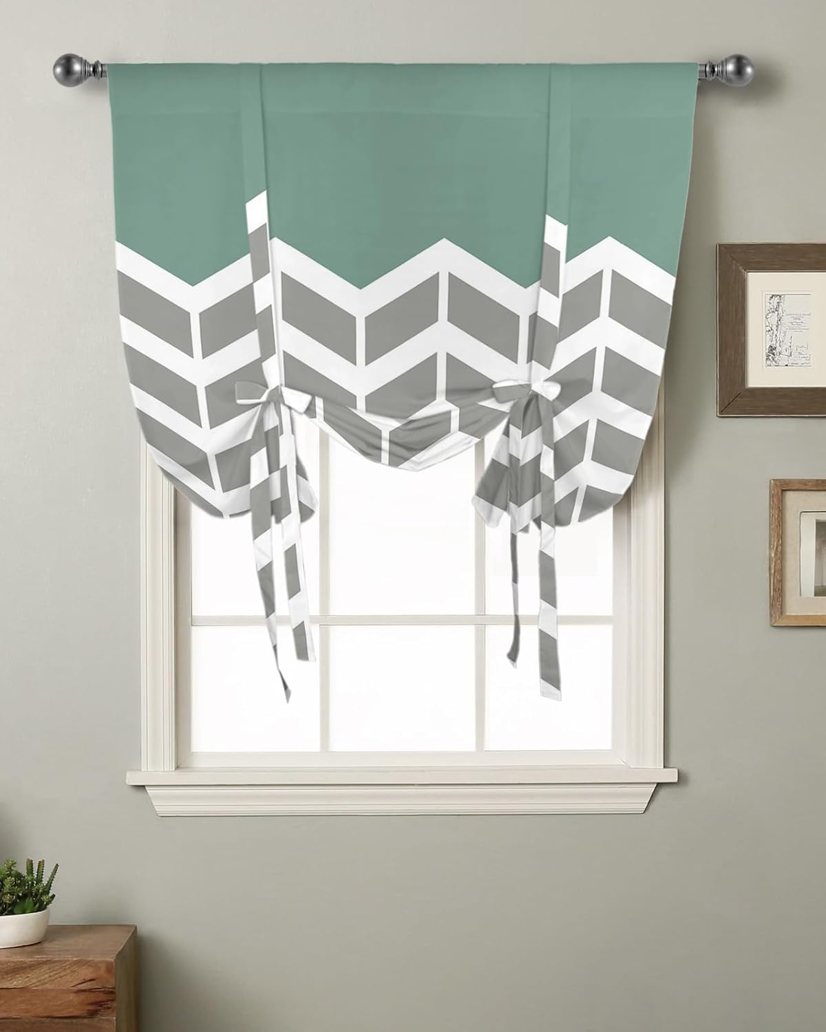 Vintage Tie Up Window Shade Curtain Modern Chevron Striped Kitchen Adjustable Balloon Curtains Shades Drape 52x63In for Living Room/Bedroom/Cafe Windows Grey White Zig Zag