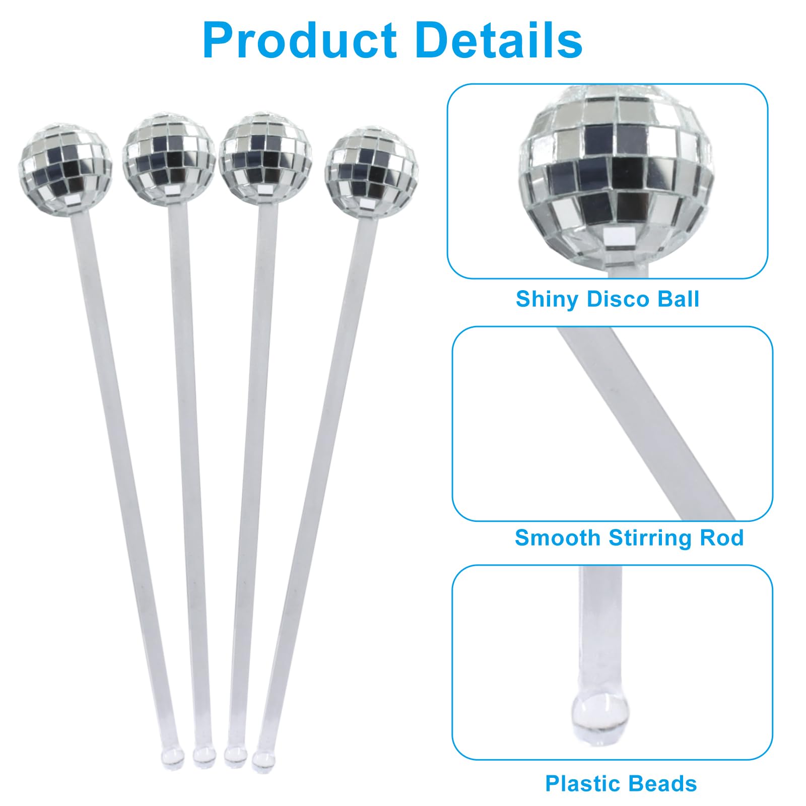 Disco Ball Lot de 48 touillettes à cocktail, boule miroir argentée
