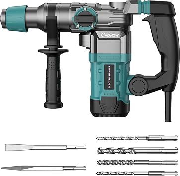 2200W Heavy Duty Rotary Hammer Drill, 3 In 1 Hammer Drill, 1-1/4 Inch 13 Amp Impact Drill with Safety Clutch, 4 Functions and Variable Speed, Including Chisels and Drill Bits Grey
