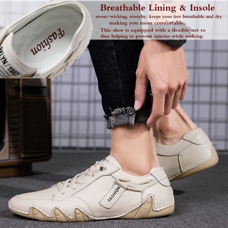 Mens Vintage Handmade Low Slip on Loafers Fashion Soft Leather Non-Slip Breathable Driving Walking Flats Chukka Ankle Booties (White,10,Men,10)3