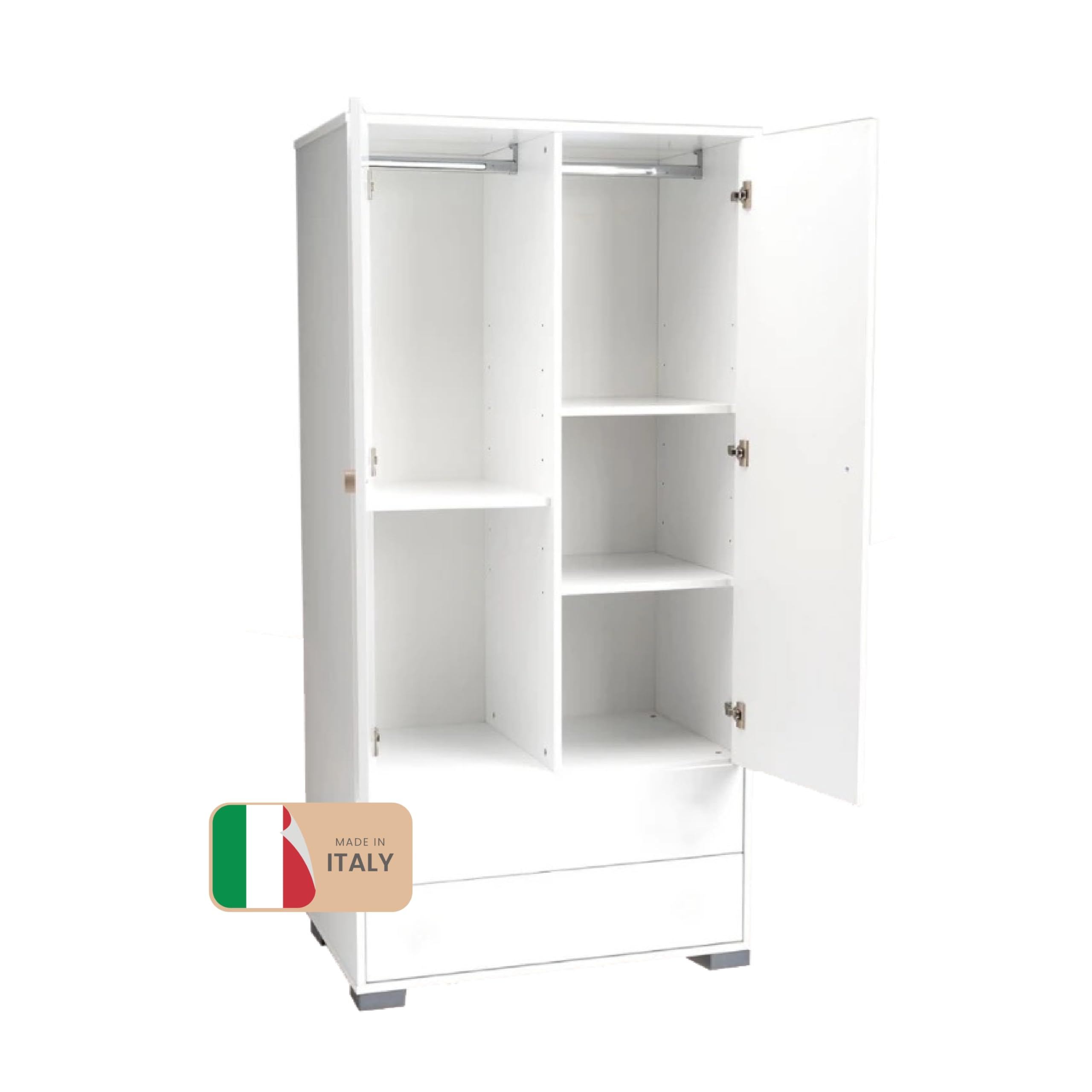 Armadio Cameretta 2 Ante A Chiusura Rallentata 3 Mensole Regolabili 2 Cassetti 95X58X192H CM PRODOTTO IN ITALIA
