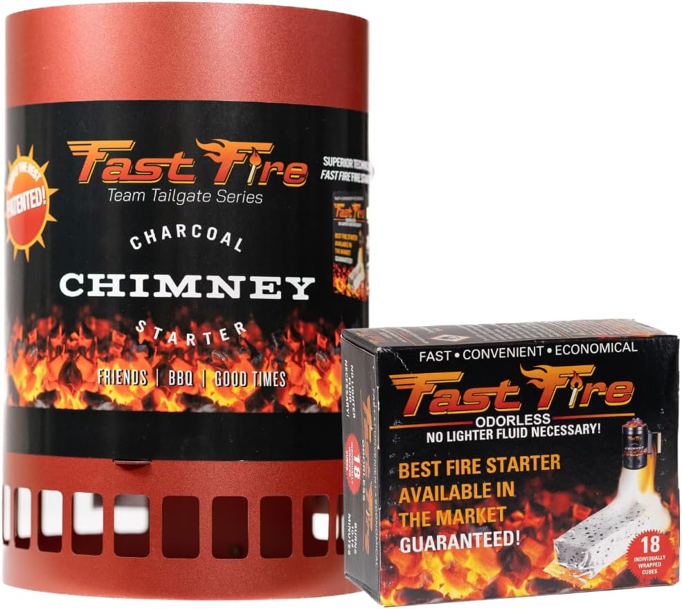 (Red) Stainless Steel Charcoal Chimney Starter - Rust Resistant BBQ Coal Lighter with Patented Insert, Cool-Touch Handle, 18 Fire Starters for Grills. Outdoor, Camping