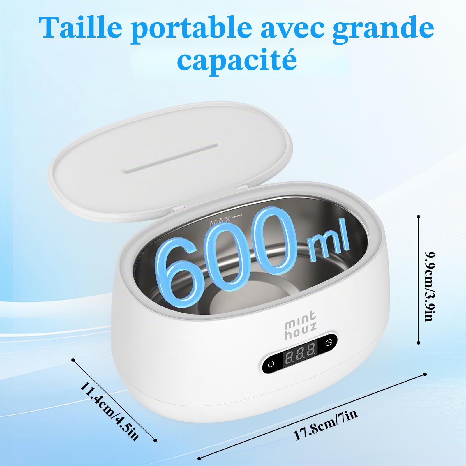 Minthouz - Appareil de nettoyage à ultrasons pour lunettes, 600 ml - Nettoyeur à ultrasons pour lunettes avec 5 modes de nettoyage, appareil de nettoyage à ultrasons pour lunettes, bijoux, prothèses