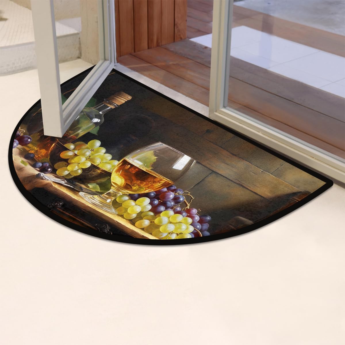 Half Round Doormat Semi Circle Rug Oil Painting Table Wine Non Slip Indoor Outdoor Entrance Half Moon Rug Absorbent Durable Washable Front Floor Mat for Kitchen Bathroom Patio Fireplace
