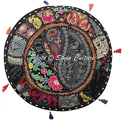 Stylo Culture Pouffe Seat Children Vintage Pouffe Ottoman Cover Large Black Indian Embroidered Patchwork Cotton Traditional Round Fabric Pouf Ottoman Cover (22x22x13 Inch) 55cm (COVER ONLY) - Image 4