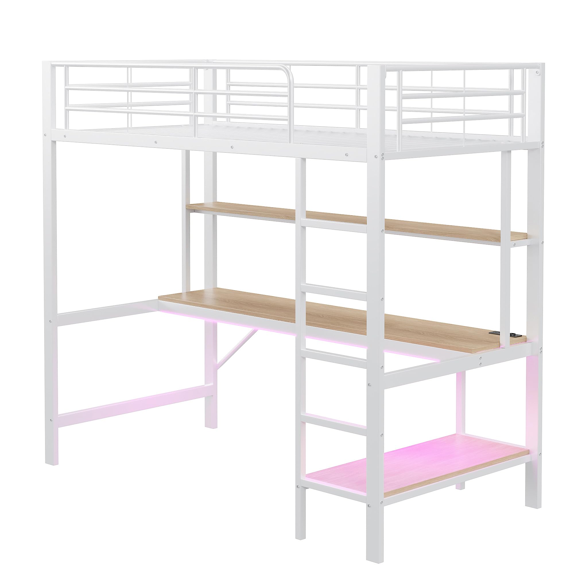 Zepneiy Lit Mezzanine 1 Place avec LED et USB, lit Mezzanine avec Bureau et Plusieurs étagères,Lit Superposé Enfant 90x200 avec échelle et Balustrade, Blanc (sans Matelas)