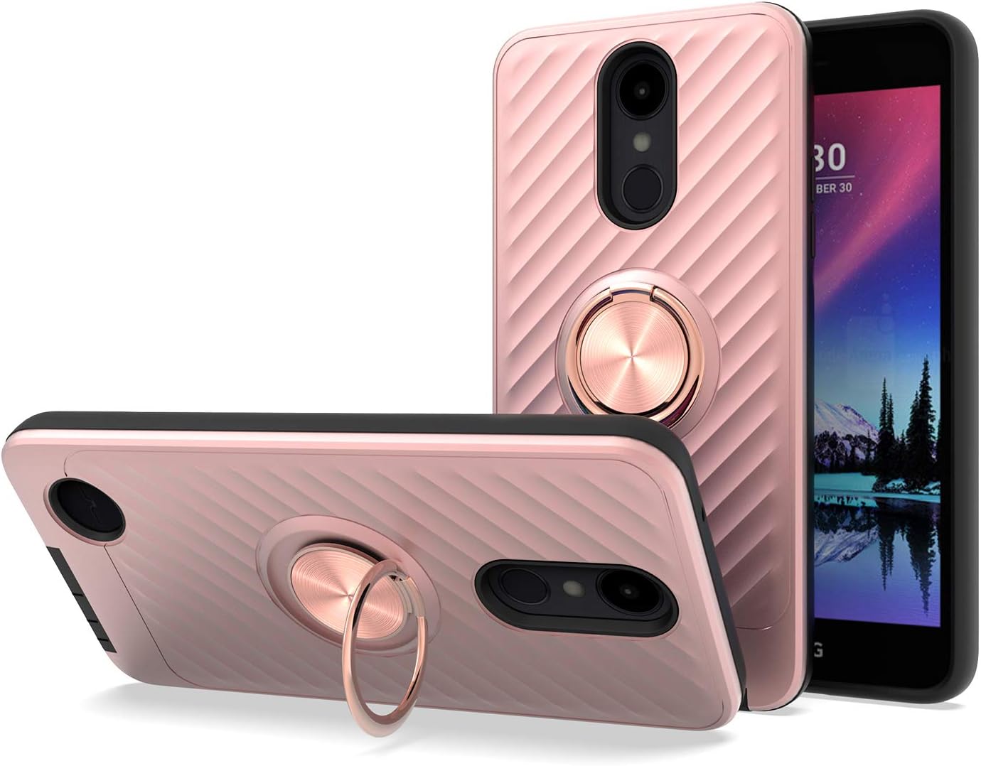 Phone Case for LG K10 2017 Phone Case with Tempered Glass Screen Protector Cover 360 Degree Rotating Magnetic Finger Ring Stand Kickstand for Dual Layer Hard PC LGK10 K 10 LG10 10K Cases Rose Gold