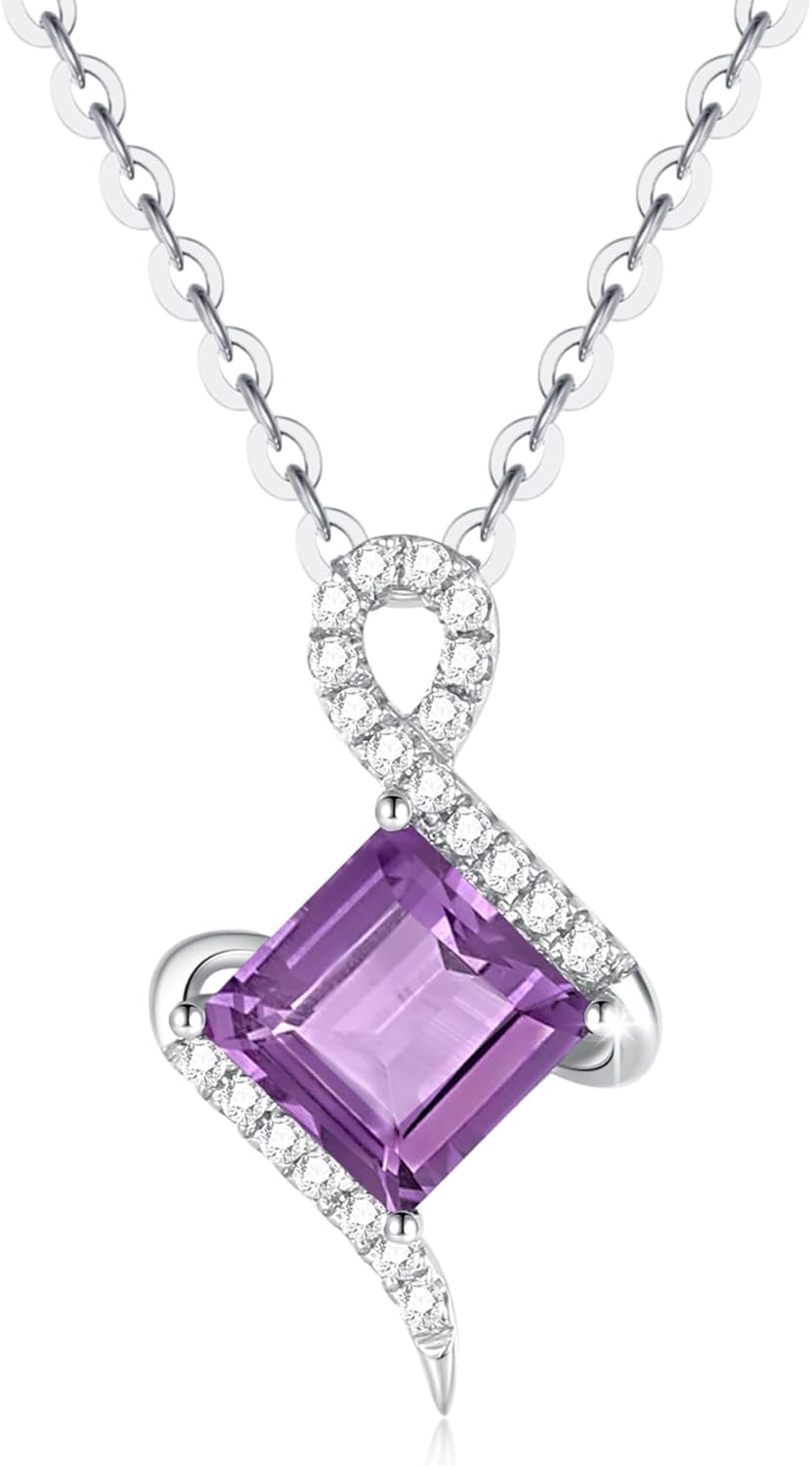 FANCIME 14K Solid White Gold Pendant with Sterling Silver Chain Birthstone Princess Cut Gemstone Fine Jewelry Birthday Mothers Day Gifts for Women Her