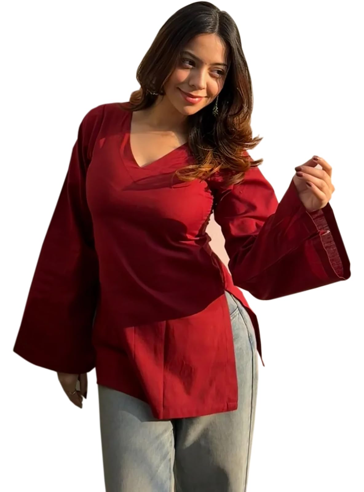 Short Kurti for Women Latest Solid Design | V Neck Full Sleeve Kurti Tops for Women | Stylish Kurtis & Short Kurtis for Woman | Casual Kurti with Jeans | Kurtas for Woman-image-32