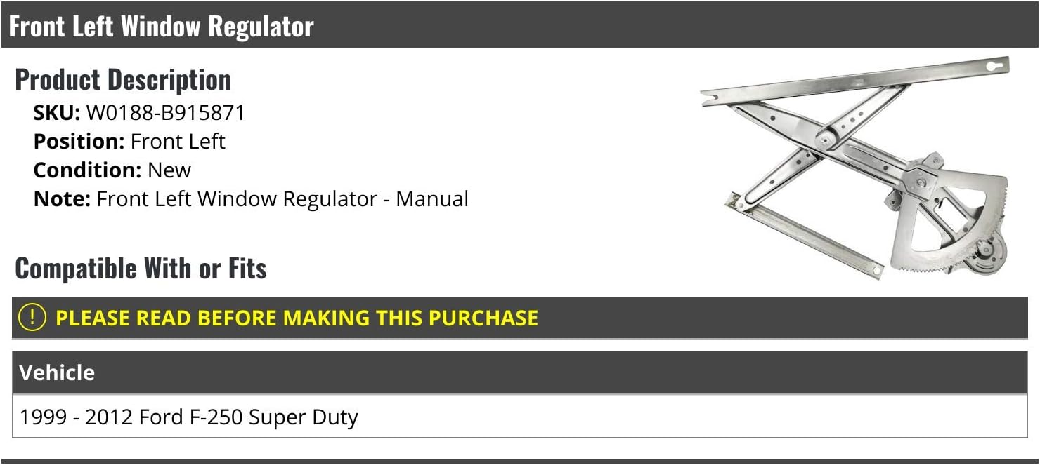 Front Left Driver Side Manual Window Regulator - Compatible with 1999-2012 Ford F-250 Super Duty