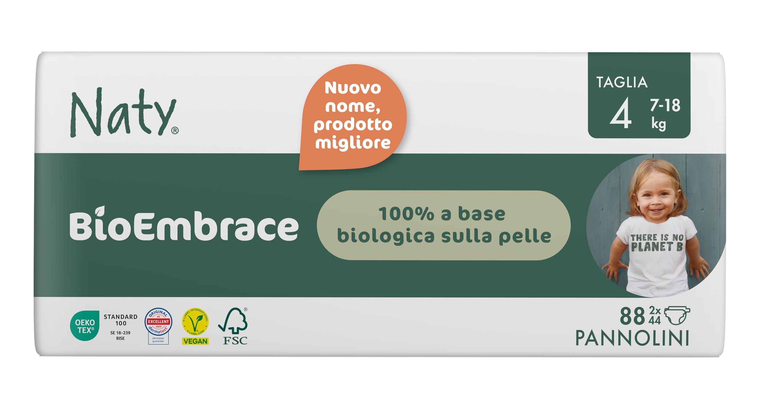 Naty BioEmbrace Pannolini per Bambini Taglia 4 (7–18 kg) | 100% a base vegetale sulla Pelle | Morbidezza vegetale, Dermatologicamente Testati, Super Assorbenti | 88 Pezzi