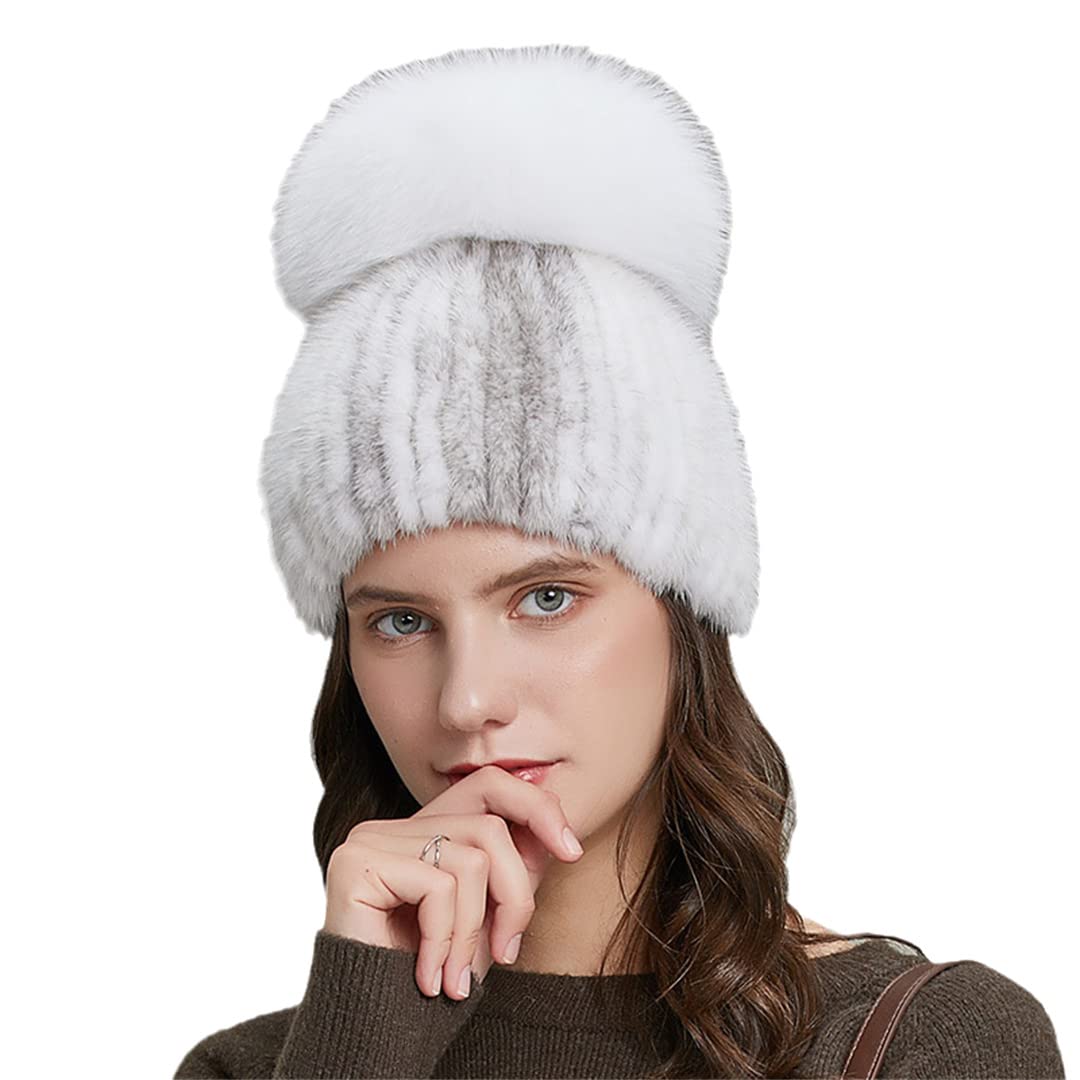Sombreros de Invierno de Piel de visón para Mujer con Gorro de Punto con Pompones, Gorro Femenino de elásticos cálidos a la Moda 05 52-58 Cm