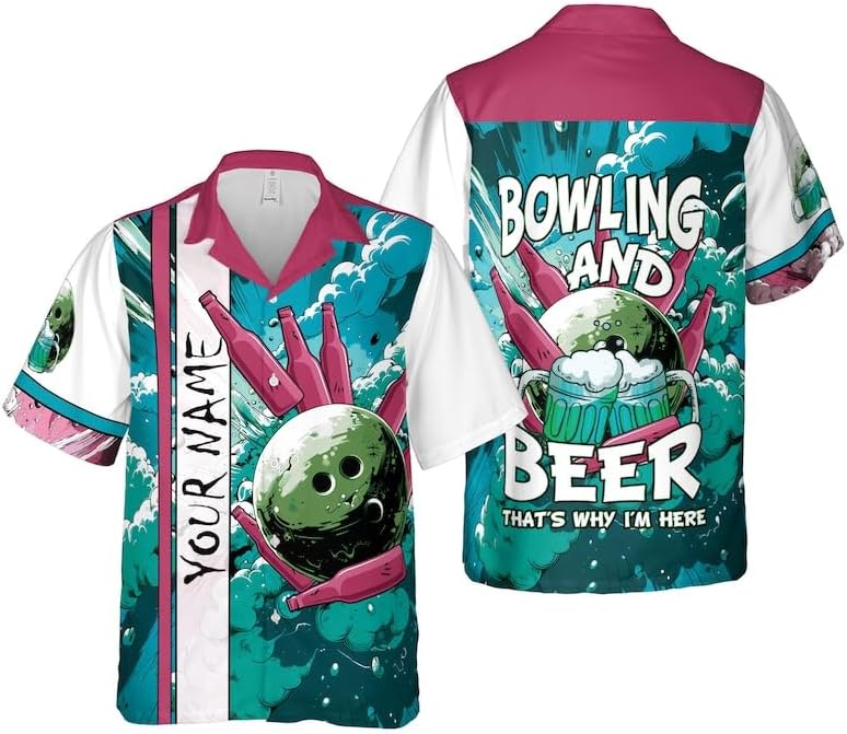 Generic Personalized Bowling and Beer Hawaiian Shirt Bowling Team Shirt Button Down Shirt Aloa Beach Shirt for Dad, Black