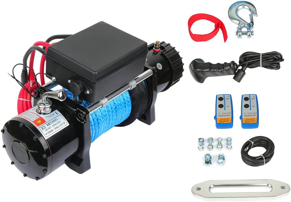 SCITOO 12V Electric Towing Winch 12000lb for ATV/UTV Synthetic Rope IP67 Waterproof Winchs Kits Off Road with wireless/wired Controller, Hawse Fairlead, Mounting Plate