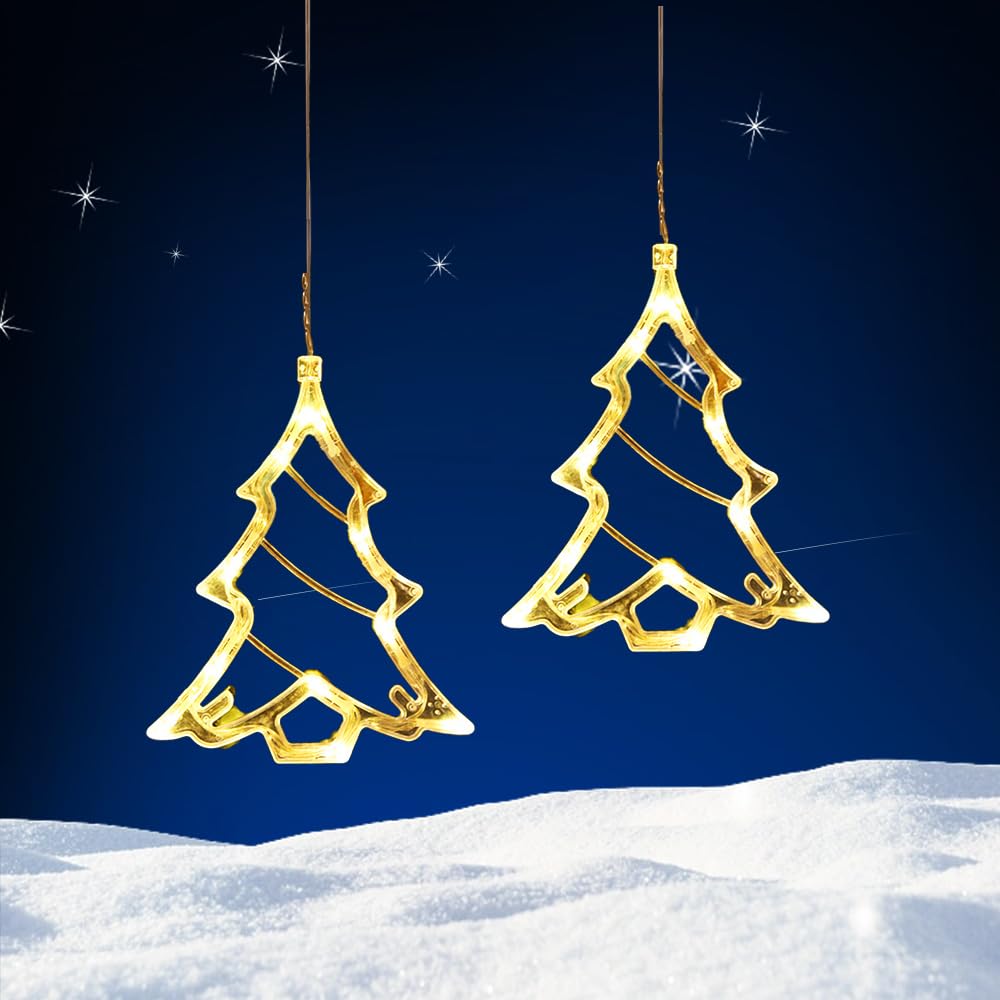 2PCS Christmas Window Fairy Lights with Suction Cup,Hanging Christmas Window Light,Fairy Lights Battery Operated Hanging Lamp Decorations for Indoor Outdoor Xmas Tree,Fireplace (2, Xmas tree)