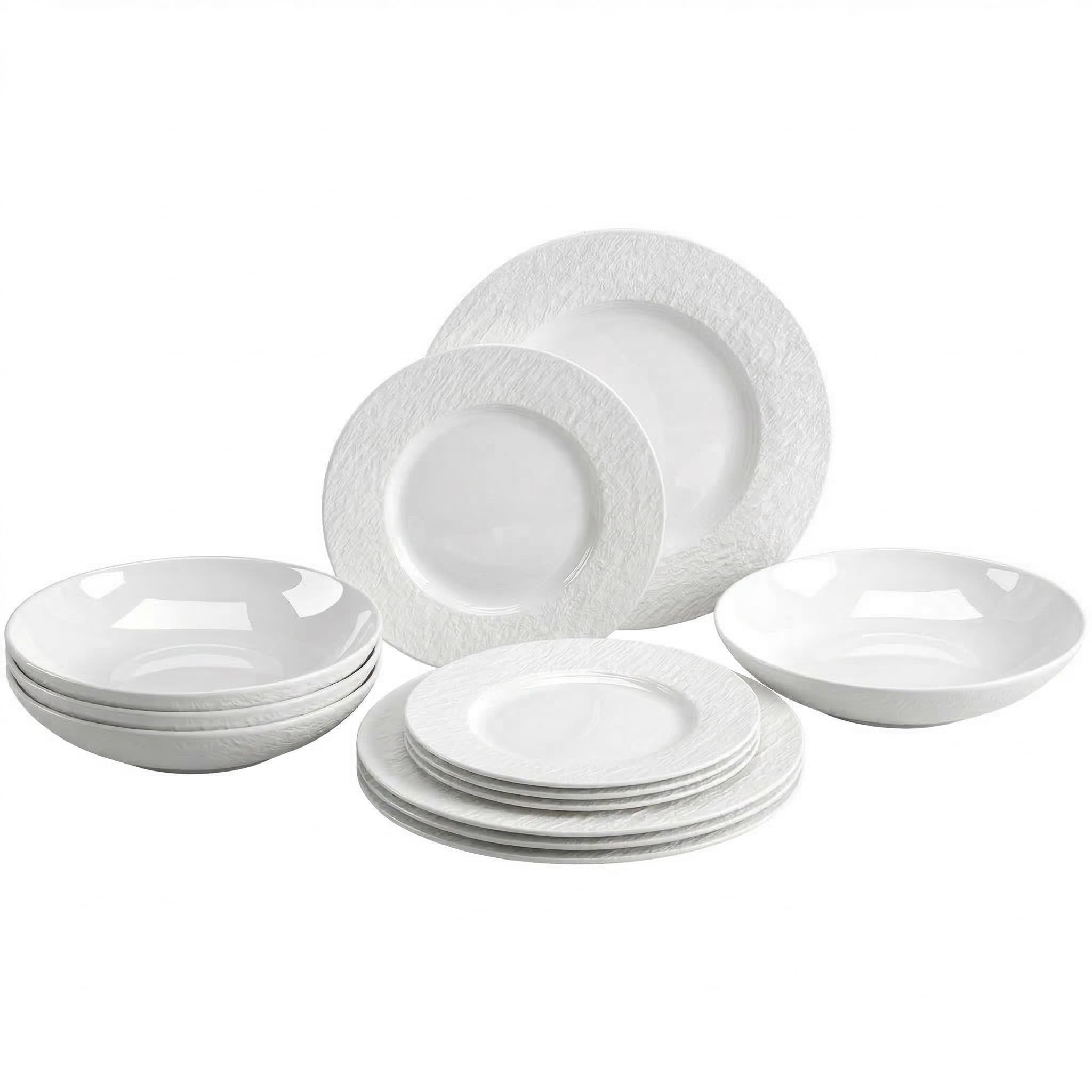 Villeroy & Boch Manufacture Rock Ice 12-teiliges Geschirrset, Teller und Schüsseln, Weiß glänzend, Spülmaschinenfest, Mikrowellensicher, Premium Porzellan, Made in Germany