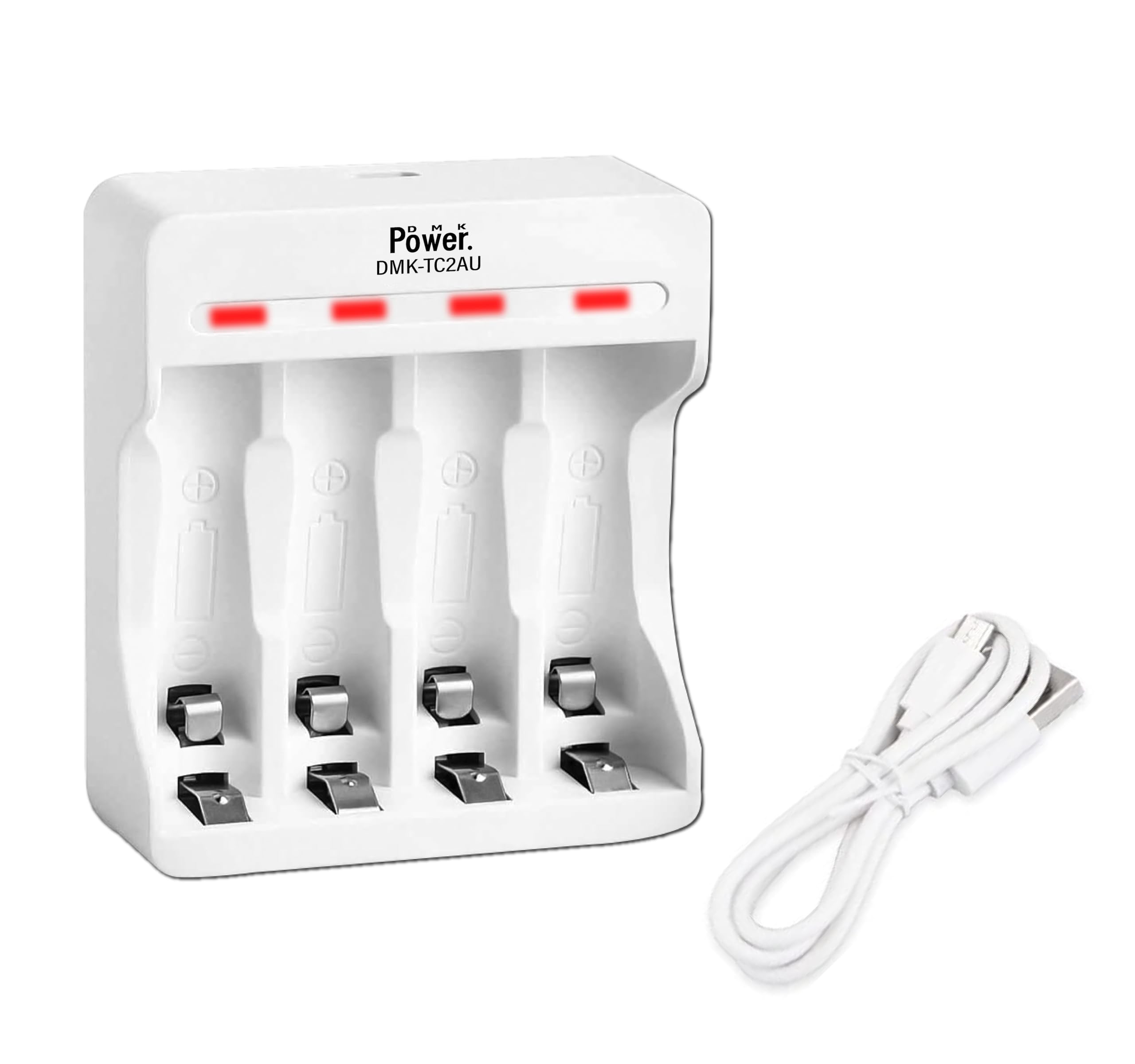 DMK Power DMK-TC2AU AA/AAA 4 Slots Independent Battery Charger, Safe Charging, Red LED Indicator with Overcharge Protection and reliable Performance- WHITE