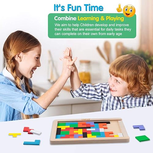 Miniatura 6 de Rompecabezas de bloques de madera juguete de rompecabezas de Tangram colorido con funda de almacenamiento bloques rusos 3D regalo educativo STEM