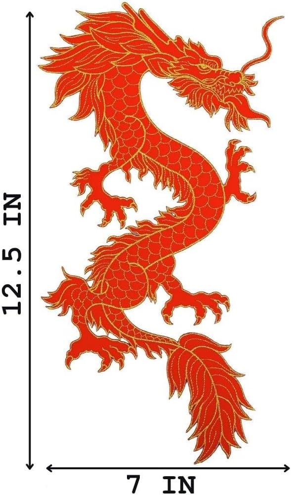 [Extra Large] 12.5 Inches Height, Red and Gold Chinese Dragon Embroidered Iron on Patch Mythical Creature Kung Fu Martial Art Taekwondo Ancient Backpack Jean Jacket Biker Motorcycle Symbol Power