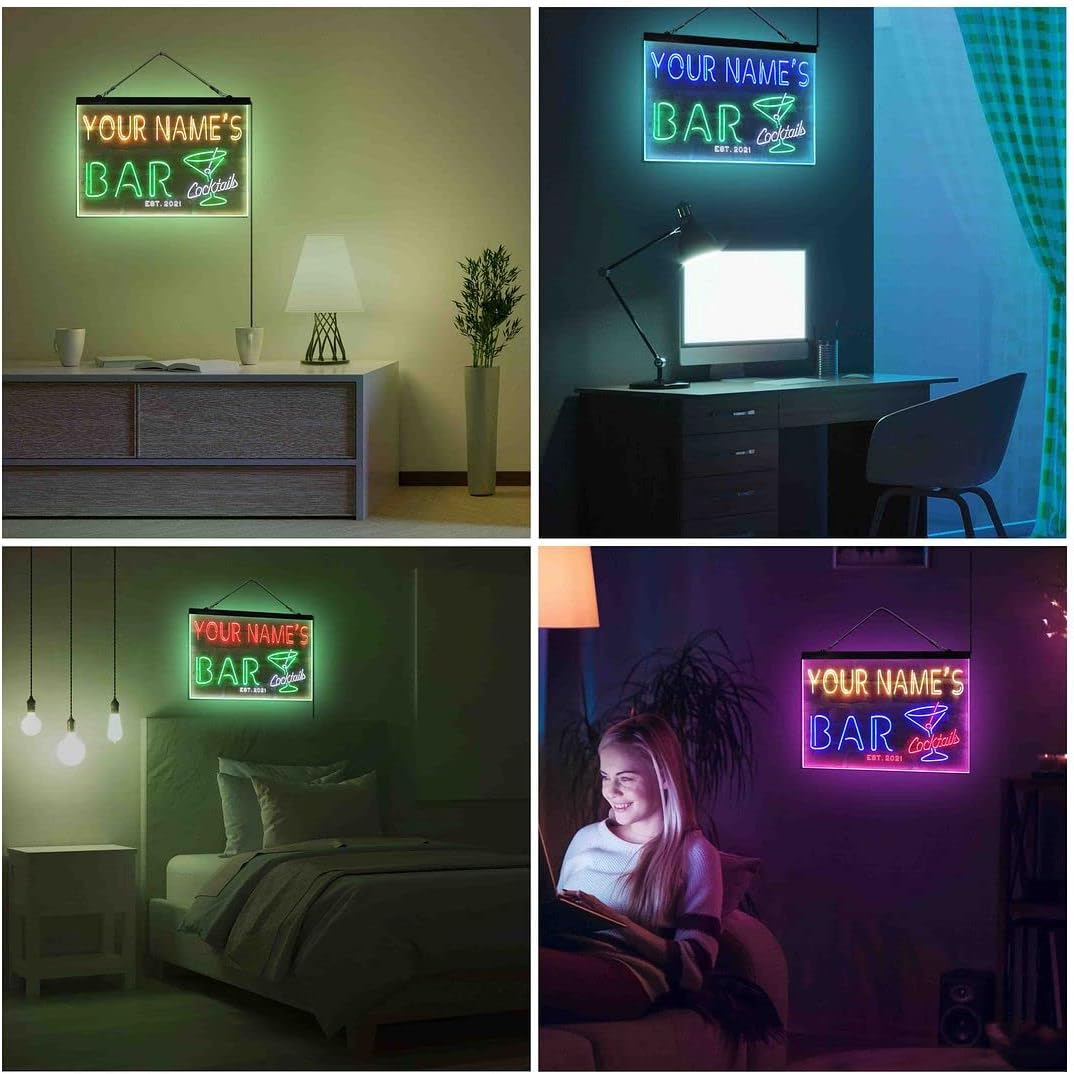 Personalized Cocktail Glass Bar Tri-Color LED Neon Light Sign Customize Name Date Text Quote Font White & Blue & Yellow 13 x 8.7 Inches st9s32-w6-tm-wby