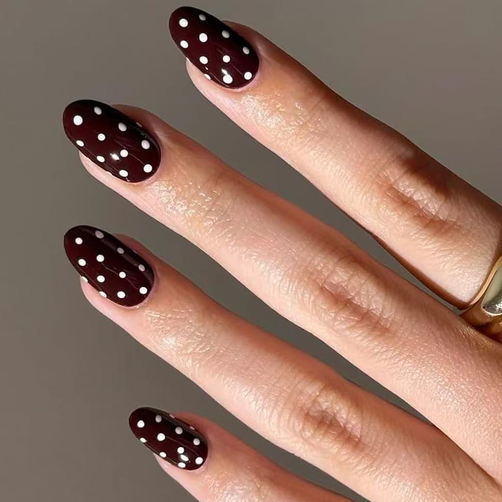 Professional ABS Fake Nails Wine Red White Dot Accent Design Comfortable Wear and for Holiday