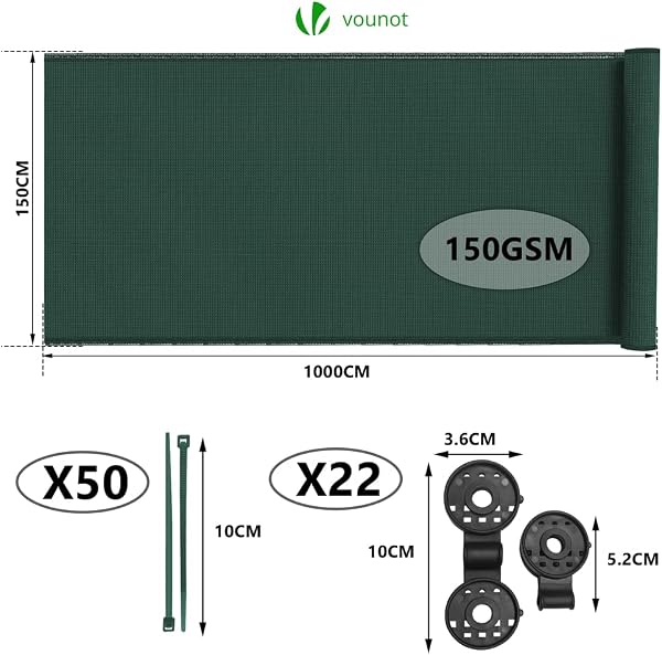 vounot® Brise Vue Occultant en HDPE 150g/m² avec Attaches et Clips de Fixation Protection Rayons UV Résistant aux Déchirures et au Vent Protection pour Jardin Balcon 1.5x10m Vert - 2