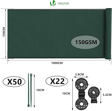 VOUNOT Fence Screen 1.5 x 10 m Privacy Fence 150 g/m² HDPE Shade Net Wind Protection UV-Resistant Tear-Resistant 85% Shading Degree with Holes and Cable Ties Green