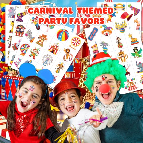 Image of 120 PCS Carnival Circus Clown Pre-Cut Temporary Tattoos for Kids | | Super Cute Themed Birthday Party Favors, Supplies, Decorations, Animal Fake Tattoo Stickers, Gifts for Boys Girls