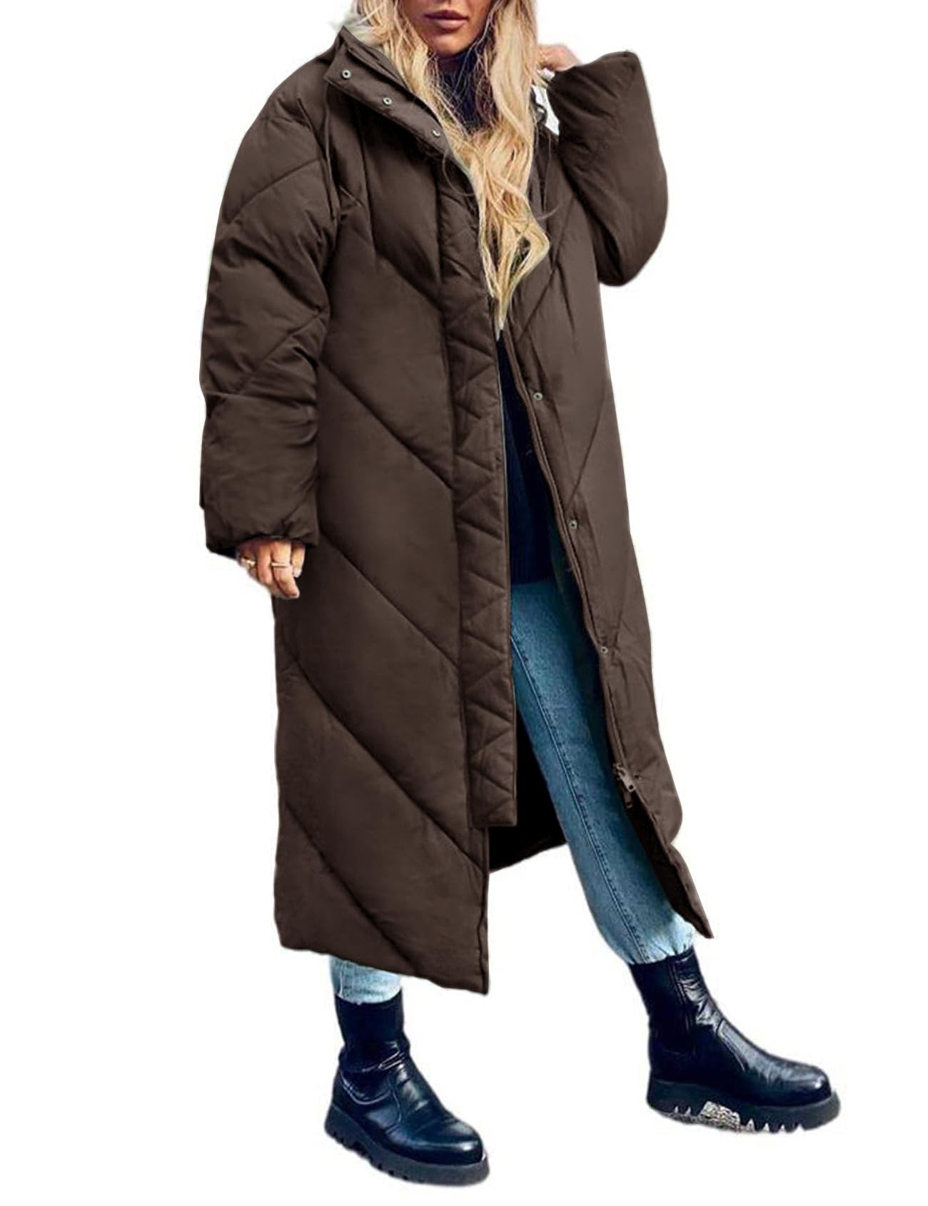 Womens Long Puffer Coat Long Sleeve Padded Winter Down Coats Hooded Parka Jacket-image-37