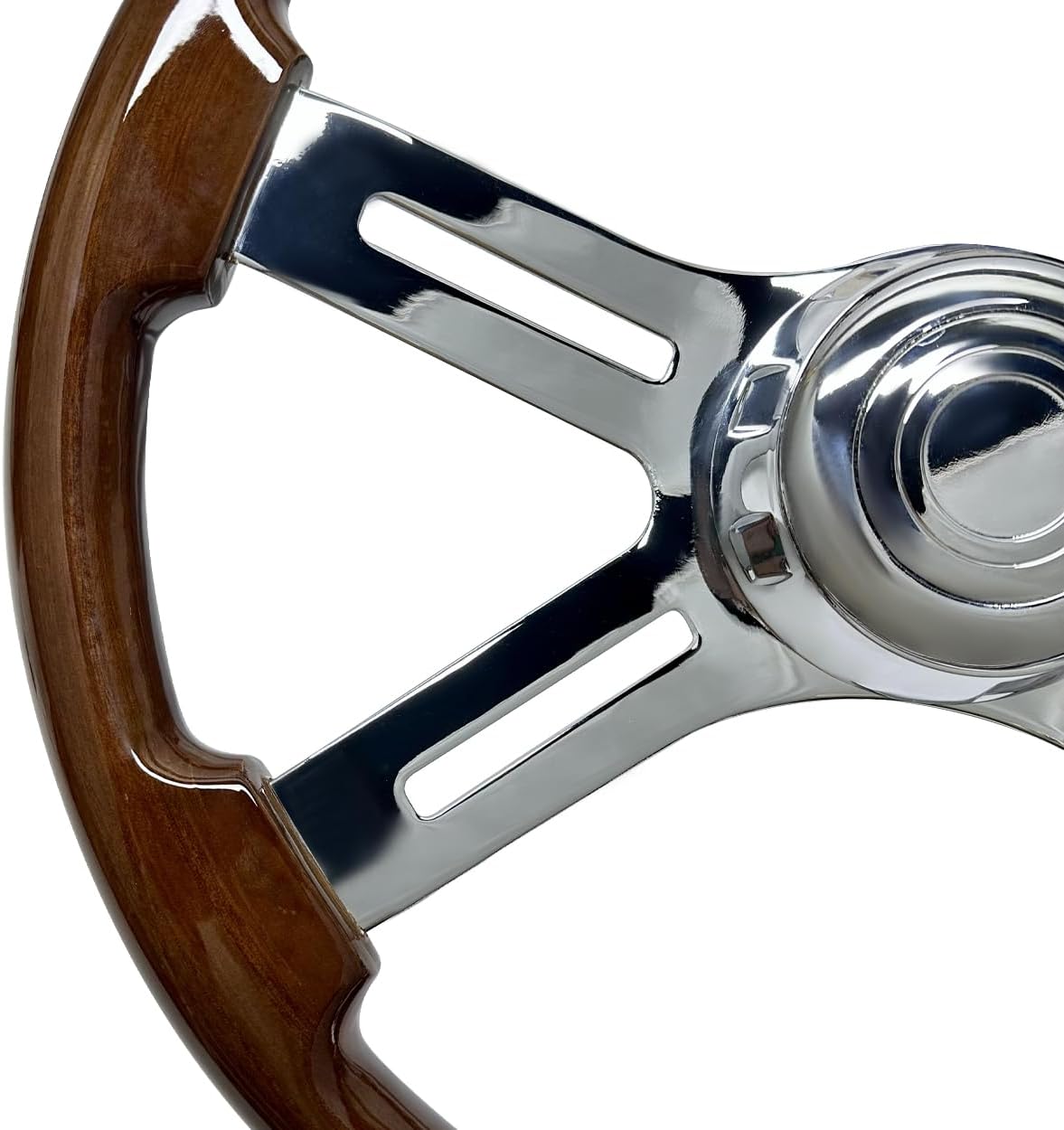18 in Solid Wood Truck Steering Wheel 4 Spoke Aluminum Chrome Plated Steering Wheel 3 bolts for Semi Trailers,Trucks for Kenworth,Peterbilt,Volvo, Freightliner