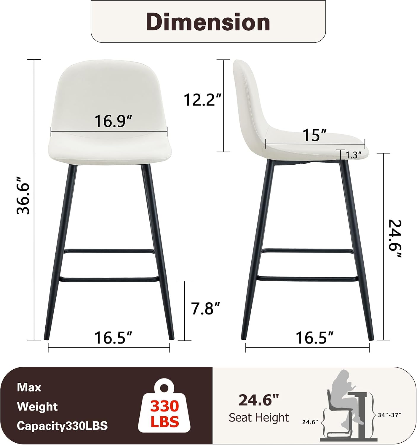White Bar Stools Set of 2,Faux Leather Counter Height Bar Stools,24.6" Bar Chairs with Back Metal Footrest,Modern Counter Stool with Back and Footrest for Kitchen Island Restaurants Pubs