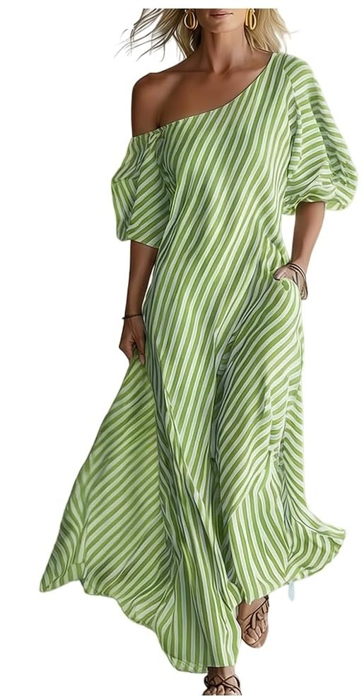 Robe de plage rayée épaule dénudée avec poches pour femme décontractée