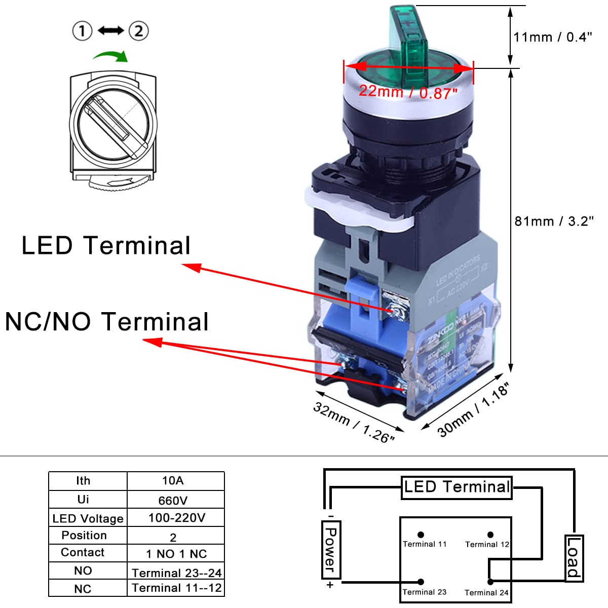 2Pcs Latching Rotary Selector Switch with 110V LED lamp, 22mm 2 Positions,1 NO,1 NC,Green LED Light and Red LED Light Maintained Latching Rotary Selector Switches,Ith 10A Ui 660V