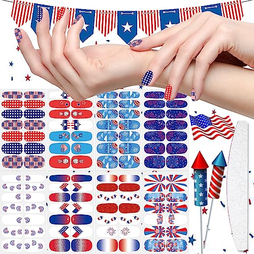 XEAOHESY 112 Pieces 8 Sheets Independence Day Nail Polish Strips American Flag Patriotic Nail Strips Self-Adhesive Nail Wraps Nail Polish Stickers for 4th of July