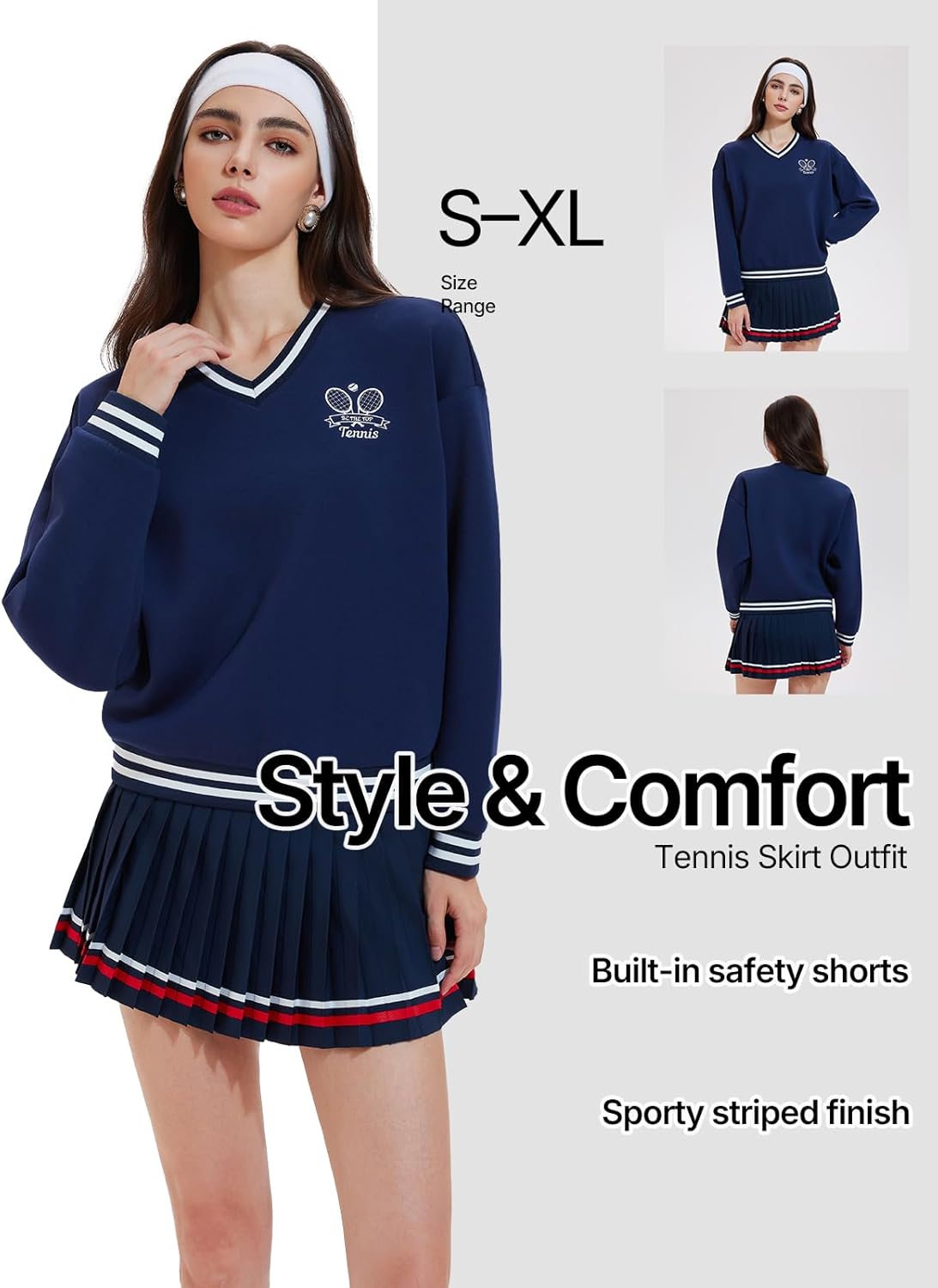 Women's Long Sleeve Tennis Skirt Set 2 Piece Golf Outfit, V-Neck Sweater & Skort with Pockets, Preppy Pickleball Sport Suits - Image 3