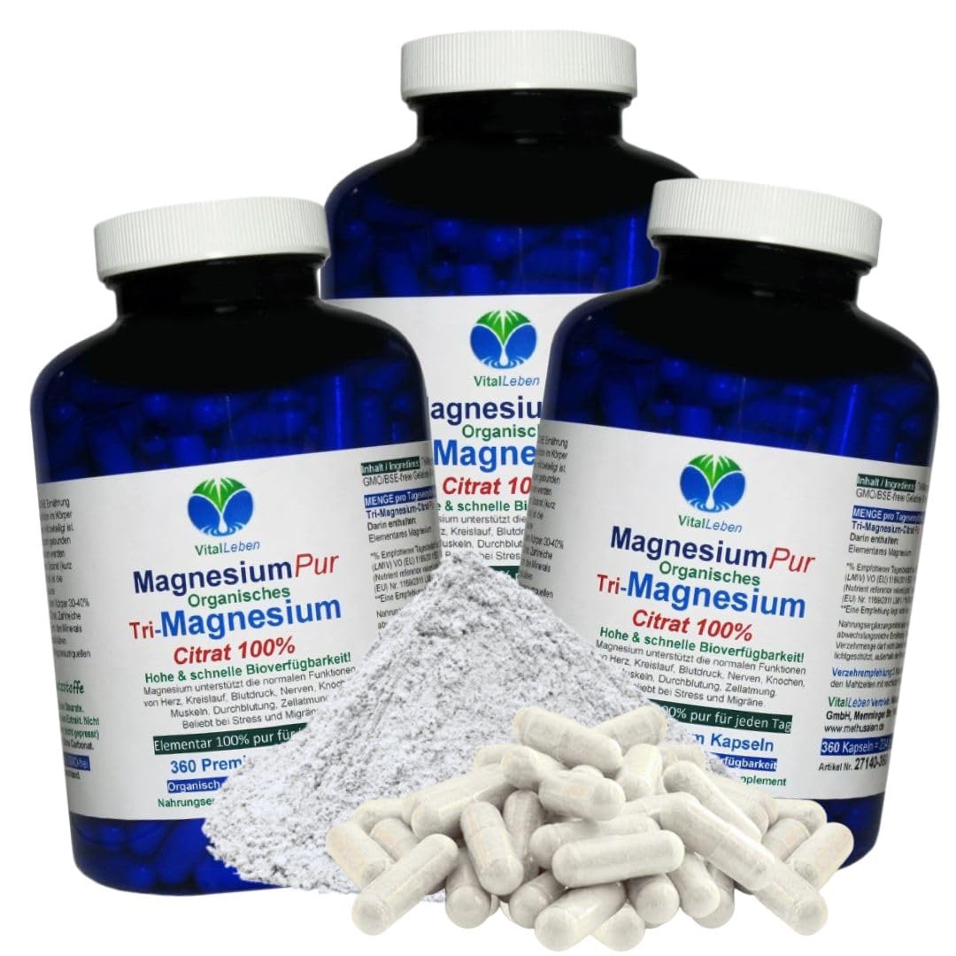 Magnesium Citrat 1080 (3x360) Pulver Kapseln organisches PREMIUM TRI-MAGNESIUMCITRAT. Elementar. OHNE ZUSATZSTOFFE. Schnelle Aufnahme. HOHE BIOVERFÜGBARKEIT. Nie mehr Magnesiummangel 27140-7