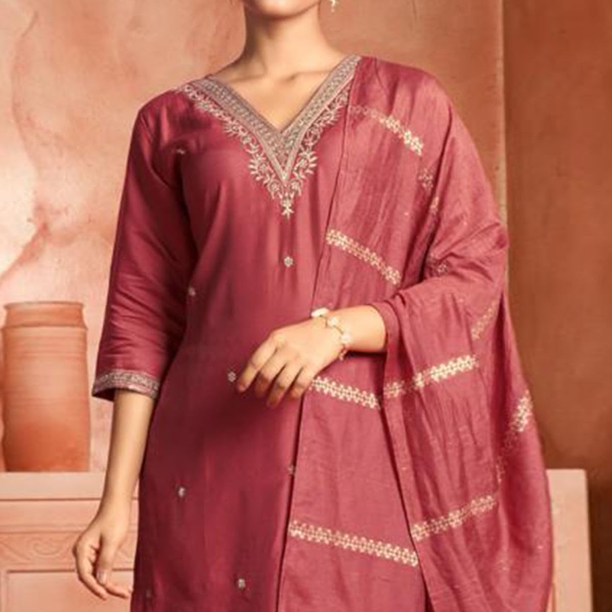 Lookmark Women's Pure Cotton Straight Kurta Pant Dupatta Set With Elegant Embroidery - Perfect For Every Occasion (Az-Lm-Og-Ks2104-L) Peach