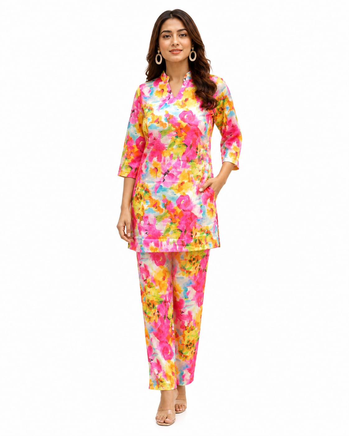 Women's Satin Co-Ord Set | Multicolor Floral Print Notch Neck Top with Straight Pants | 3/4 Sleeve Two Piece Outfit-image-45