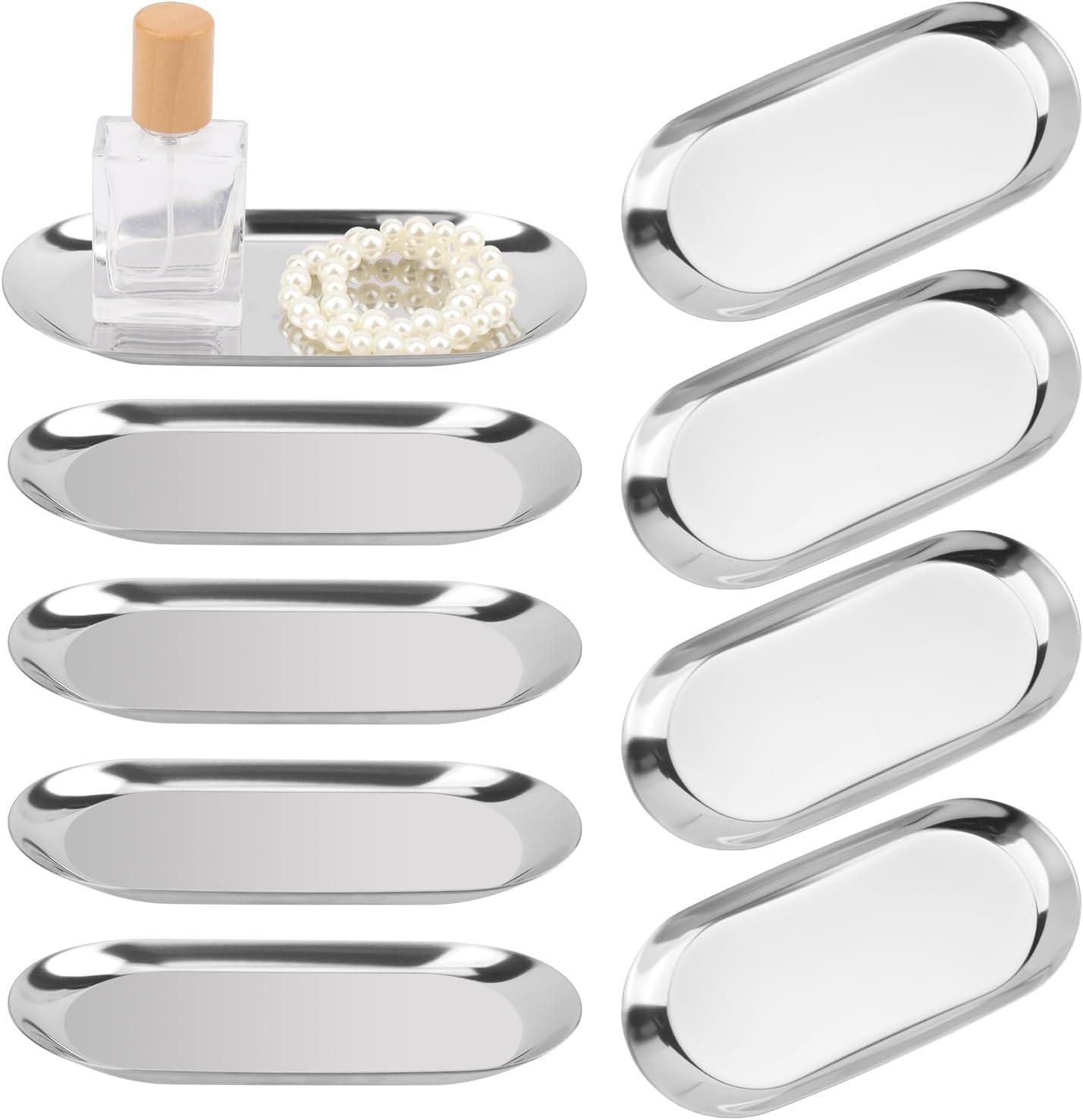 12 Pack 7 Inch Oval Stainless Steel Decorative Tray, Stainless Steel Tea Fruit Tray, 7 inch Silver Oval Trays for Bathroom Vanity, Jewelry, Perfume & Key Organizer (Silver)