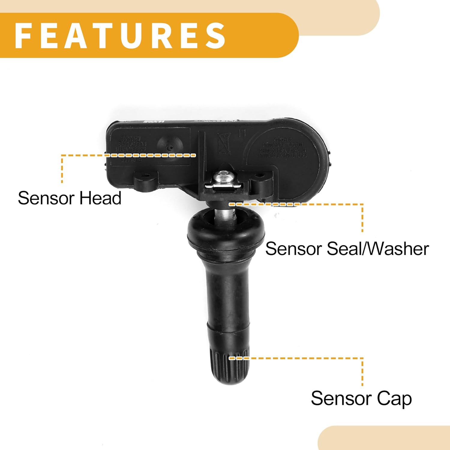 Diagram showing the components of the TPMS sensor: Sensor Head, Sensor Seal/Washer, and Sensor Cap.